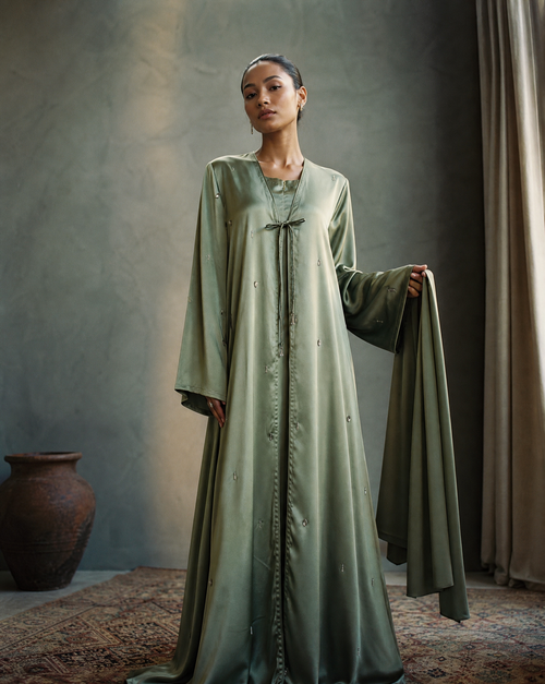 Woman wearing a long green Abaya