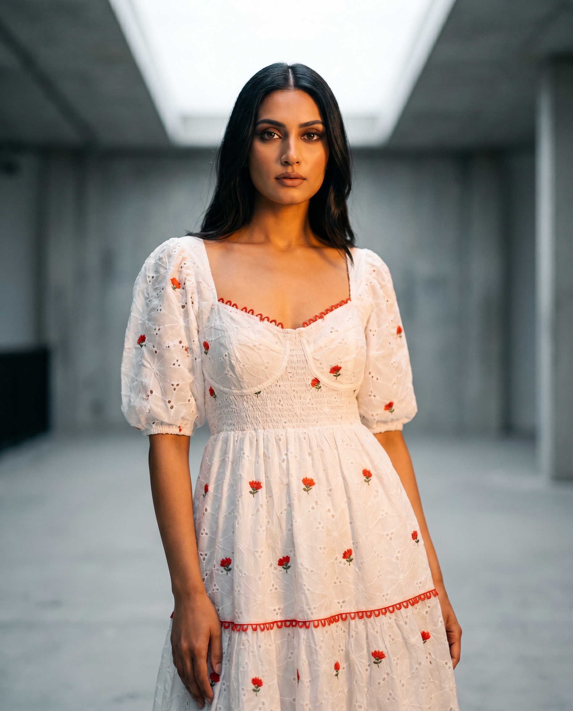 Woman wearing a white dress with red floral embroidery in an indoor setting